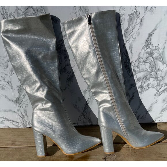 Silver Croc-Embossed Knee-High Boots With Block Heel & Side Zipper Closure size - Picture 3 of 10